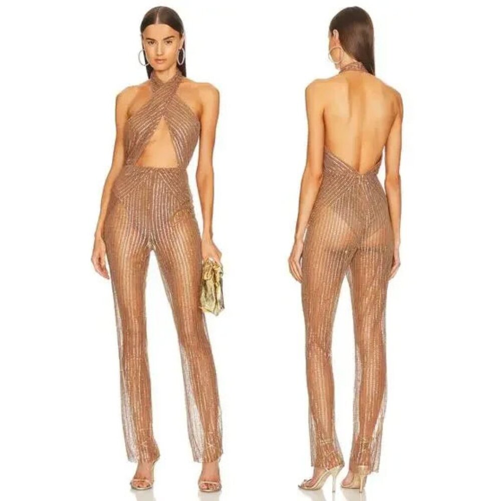 NWT Michael Costello x Revolve Yasmin Sequin Halter Jumpsuit S Antique Gold